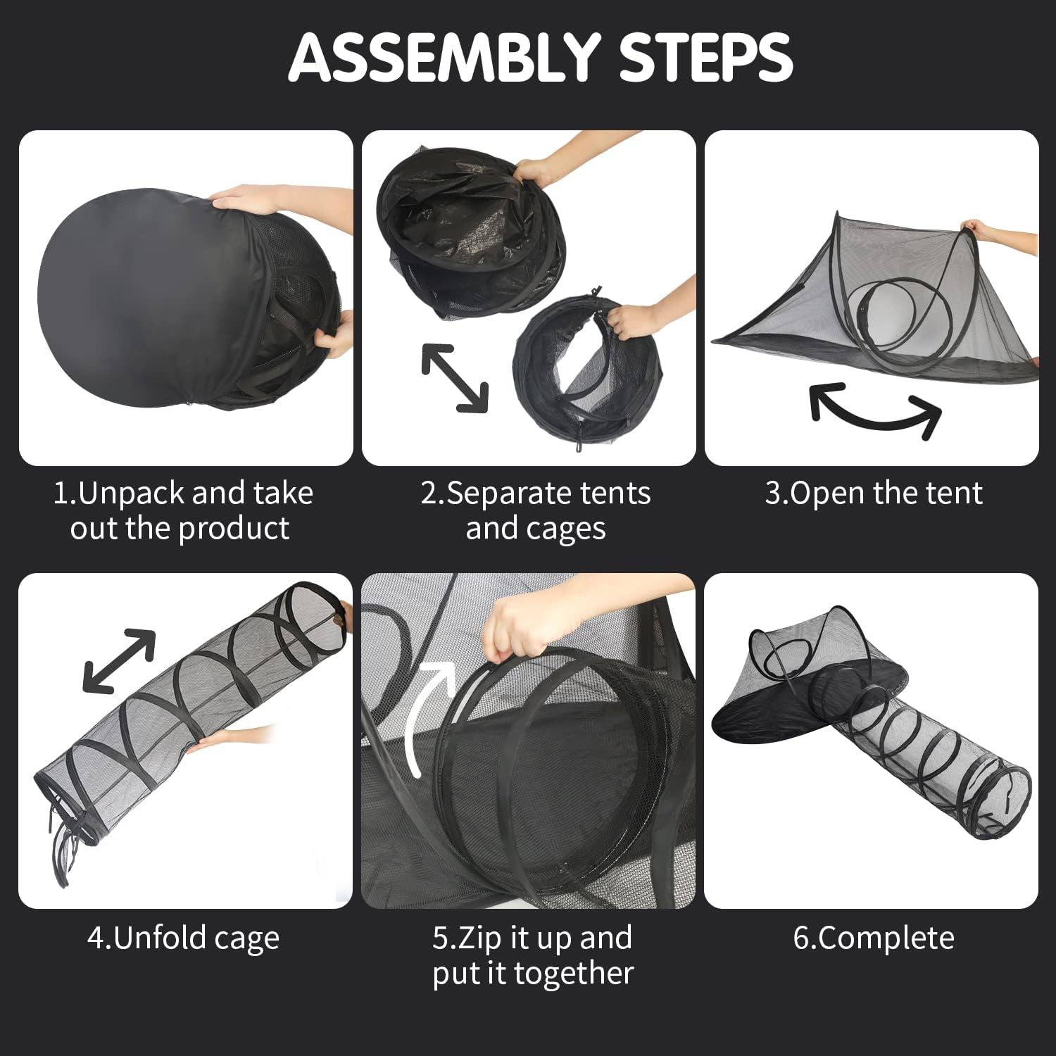 Cat tent tunnel enclosure setup in a living room