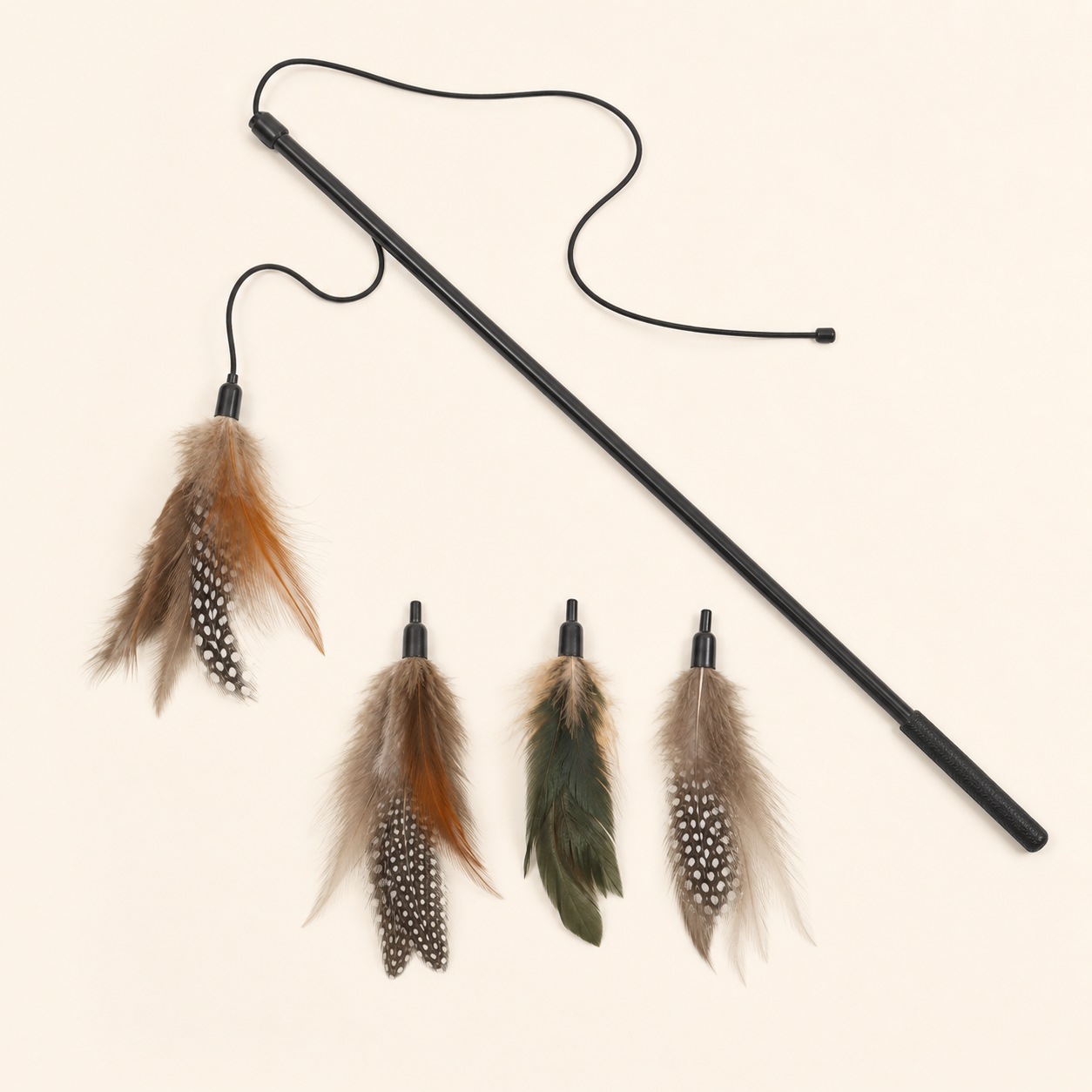 Cat wand toy with feather attachments